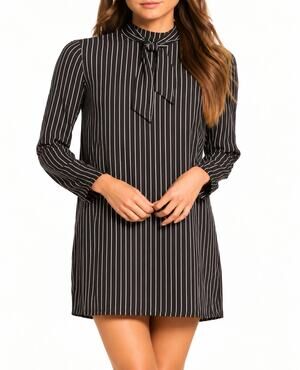 Ali & Jay She-E-O Shift Dress Womens Medium Black Tan Striped Tie-Neck Mini Work